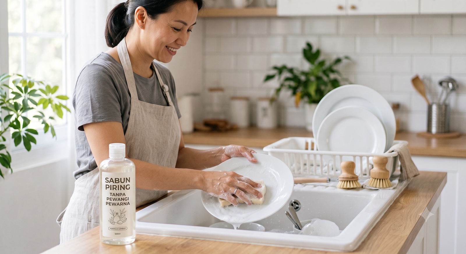 Mencuci piring dengan sabun cuci piring Satushop tanpa pewangi dan pewarna